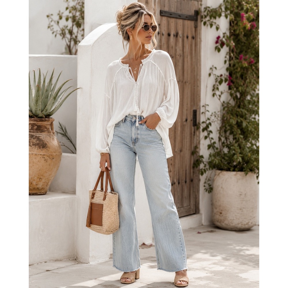 We The Free Free People White Boho Linen Blend Tassel Tie Peasant Blouse Small